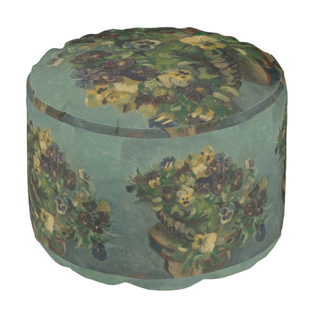 Vintage Flowers Van Gogh Basket of Pansies Pouf (Angled Front)