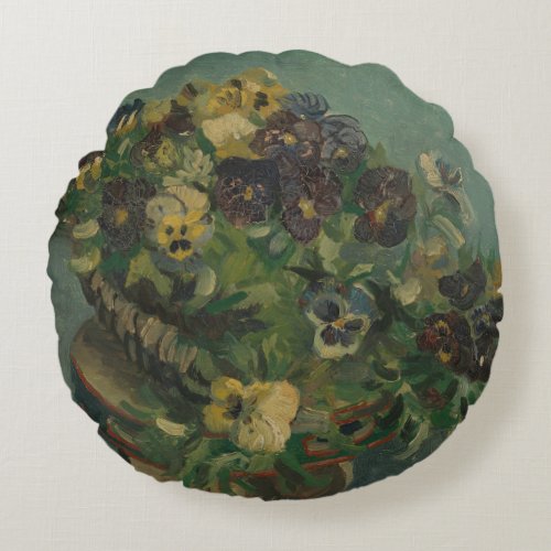 Vintage Flowers Van Gogh Basket of Pansies Round Pillow