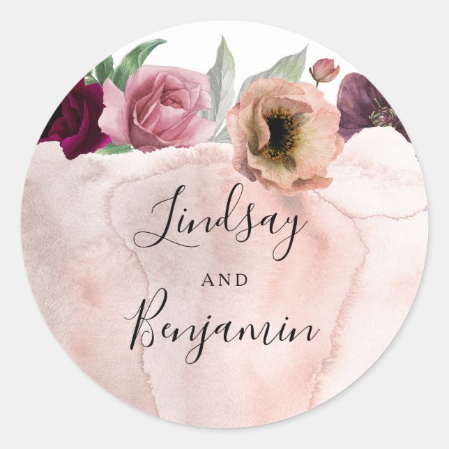 Vintage Flowers Watercolor Romantic Wedding Classic Round Sticker (Front)