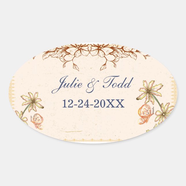 Vintage Flowers Wedding Save The Date Oval Sticker (Front)