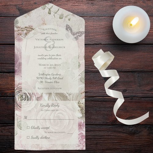 Vintage Flowers with Butterfly  All In One Invitation