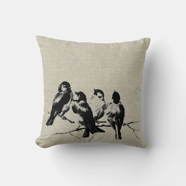 Vintage Fluffy Birds on Branches Throw Pillow (Front)