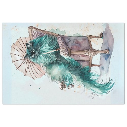 Vintage fluffy Persian teal cat decoupage Tissue Paper