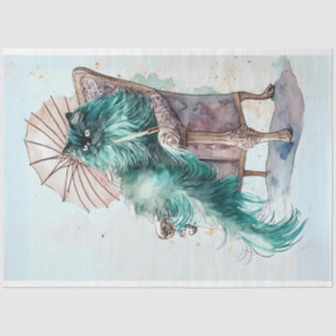 Vintage fluffy Persian teal cat decoupage Tissue Paper