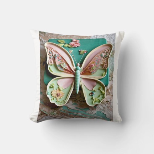 Vintage Flutter Tees Pastel Butterflies on Antiqu Throw Pillow