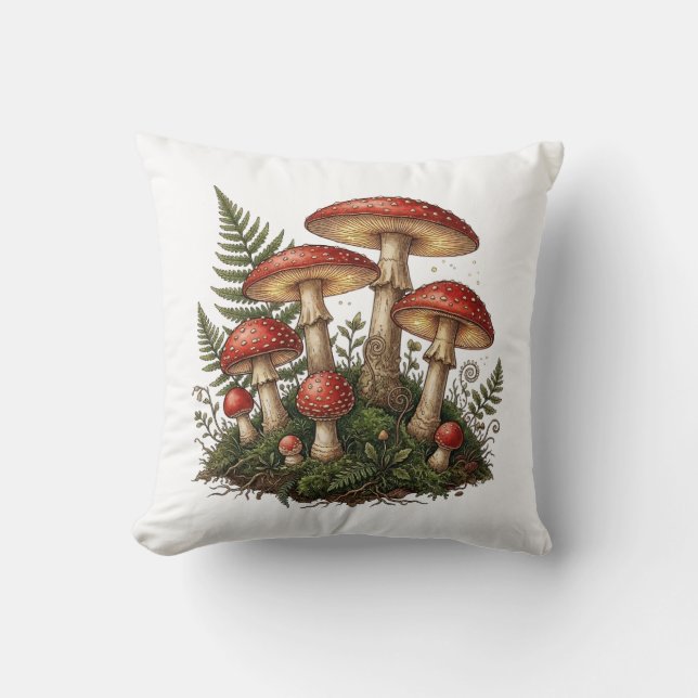 Vintage Fly Agaric Mushroom Illustration Throw Pillow (Front)