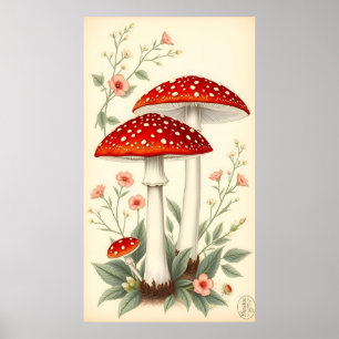 Vintage Fly Agaric Red And White Mushrooms Floral Poster