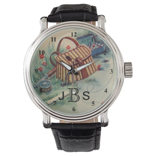 Vintage Fly Fishing Fisherman | Masculine Monogram Watch (Front)
