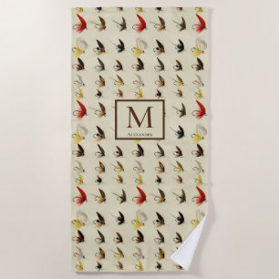 Vintage  Fly Fishing Flies Watercolor Nautical  Beach Towel