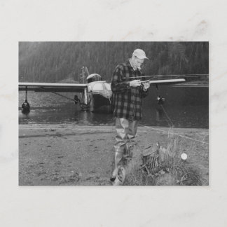 Vintage Fly Fishing Lake Airplane Postcard