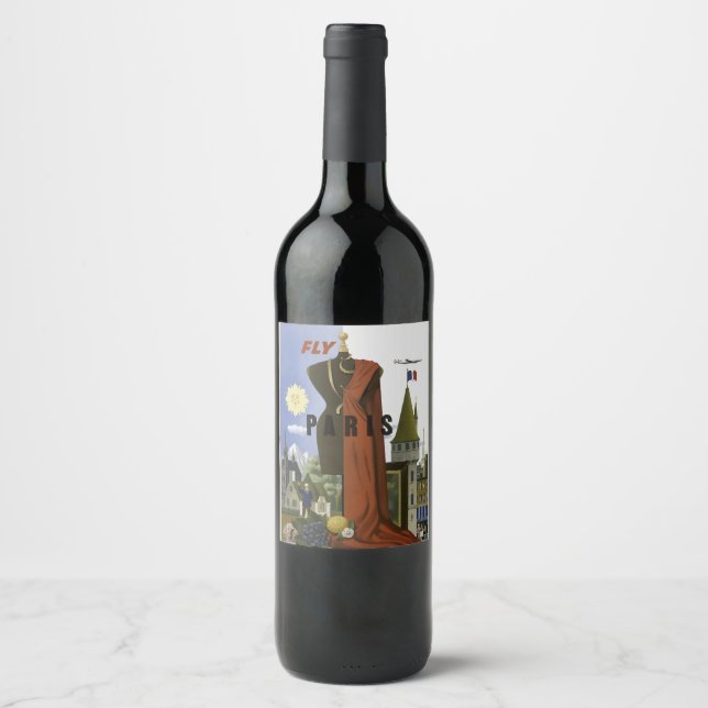 Vintage Fly Paris Surrealist Fashion Travel Poster Wine Label (Front)