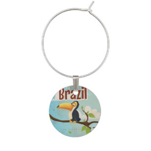 Vintage fly to Brazil Toucan Travel Poster Wine Glass Charm