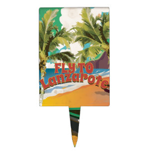 Vintage Fly To Lanzarote Travel Poster Cake Topper