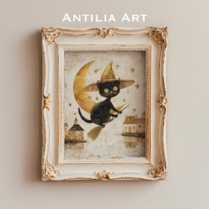 Vintage Flying Black Cat Painting Halloween Moon  Poster
