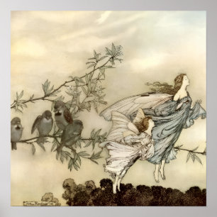 Vintage Flying Fairy Girls by Arthur Rackham Poster