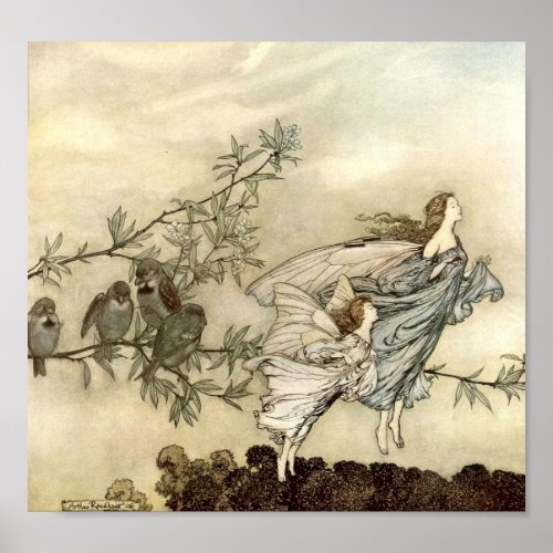 Vintage Flying Fairy Girls by Arthur Rackham Poster