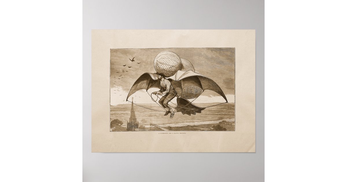 Vintage Flying Machine Art Illustration Poster | Zazzle
