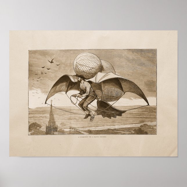 Vintage Flying Machine Art Illustration Poster (Front)