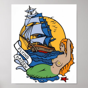 Vintage Flying Maiden Mermaid, Ship Tattoo Art Poster