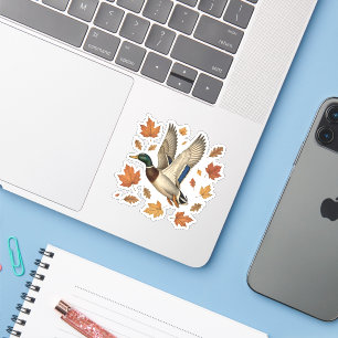 Vintage Flying Mallard Duck with Autumn Leaves Sticker