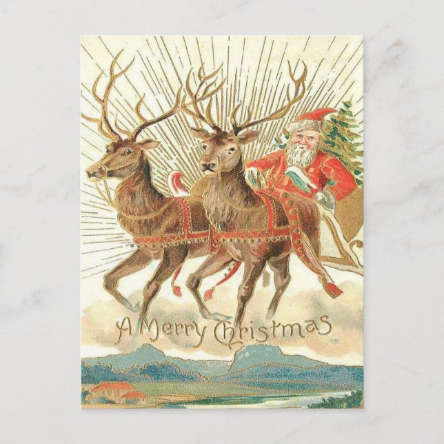 Vintage Flying Santa & Majestic Reindeer Postcard (Front)