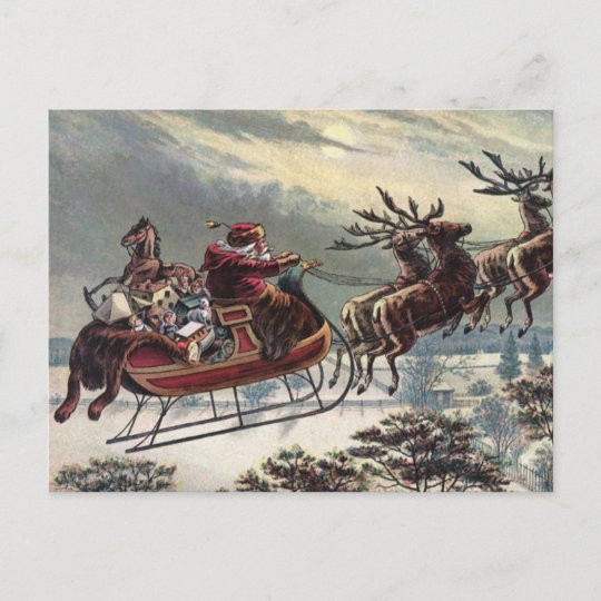 Vintage Flying Santa Sleigh Reindeer Christmas Holiday Postcard