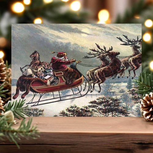 Vintage Flying Santa Sleigh Reindeer Christmas Holiday Postcard