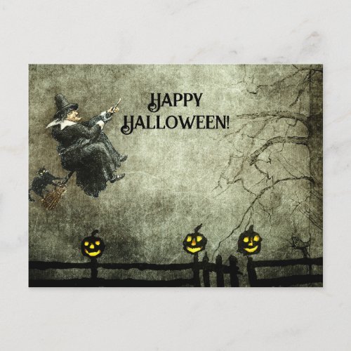 Vintage Flying Witch at Night Grinning Pumpkins Holiday Postcard
