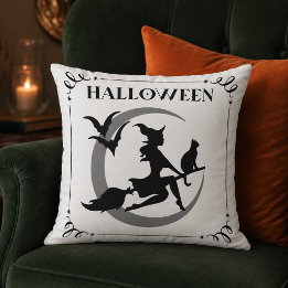 Vintage Flying Witch Black Cat Crescent Moon Throw Pillow