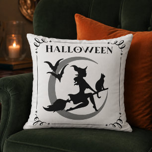 Vintage Flying Witch Black Cat Crescent Moon Throw Pillow