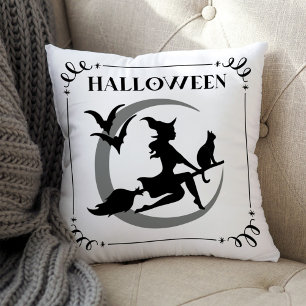 Vintage Flying Witch Black Cat Crescent Moon Throw Pillow