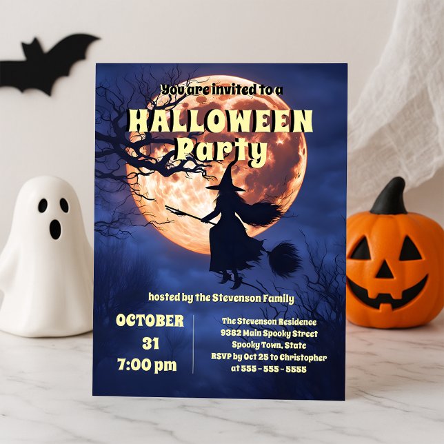 Vintage Flying Witch Full Moon Halloween Party Invitation (Creator Uploaded)