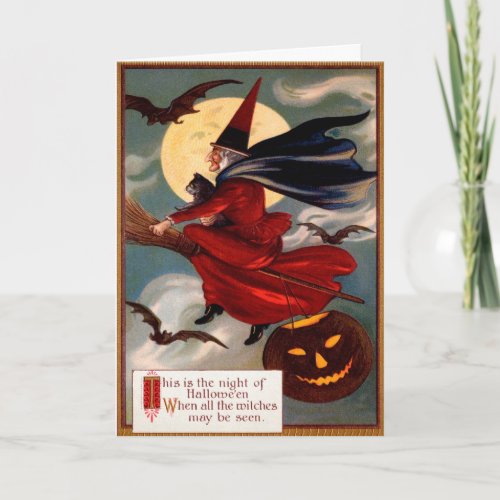 Vintage Flying Witch Halloween Card