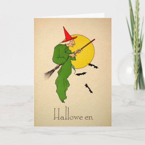 Vintage Flying Witch Halloween Card