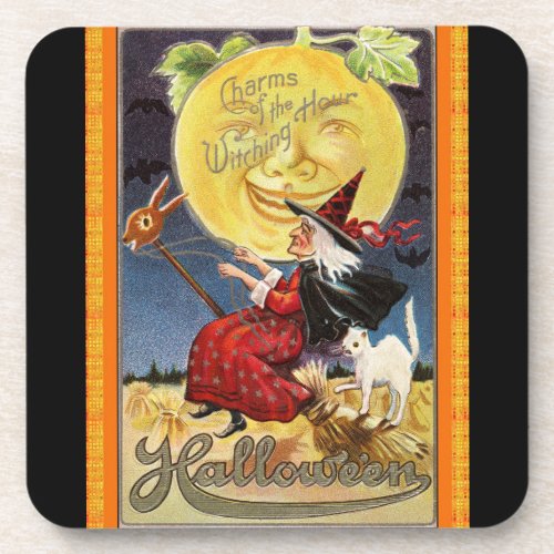 Vintage Flying Witch Halloween Plastic Coasters 6