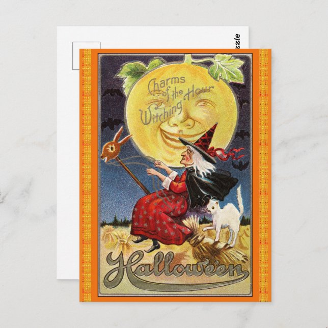 Vintage Flying Witch Halloween Postcard (Front/Back)