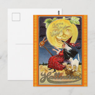 Vintage Flying Witch Halloween Postcard