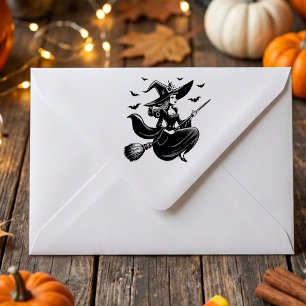 Vintage Flying Witch Retro Halloween Rubber Stamp