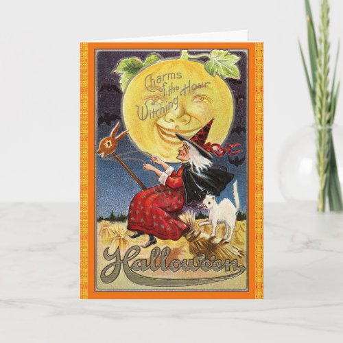 Vintage Flying Witch with Full Moon Halloween Card