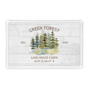 Vintage Foggy Green Forest Watercolor Cabin Lodge Acrylic Tray