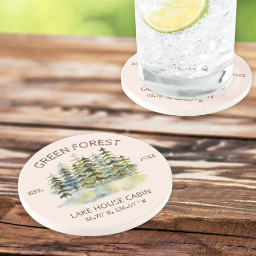 Vintage Foggy Green Forest Watercolor Cabin Lodge Coaster