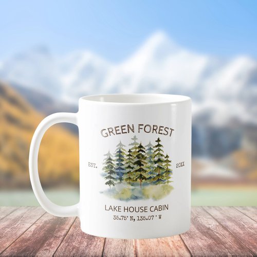 Vintage Foggy Green Forest Watercolor Cabin Lodge Coffee Mug