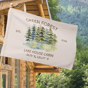 Vintage Foggy Green Forest Watercolor Cabin Lodge House Flag