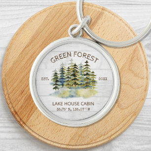 Vintage Foggy Green Forest Watercolor Cabin Lodge Keychain