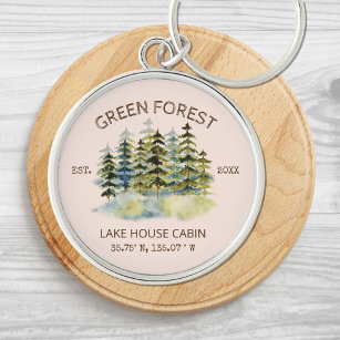 Vintage Foggy Green Forest Watercolor Cabin Lodge Keychain