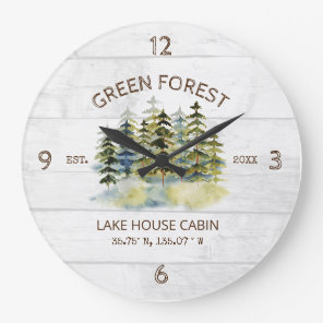 Vintage Foggy Green Forest Watercolor Cabin Lodge Large Clock