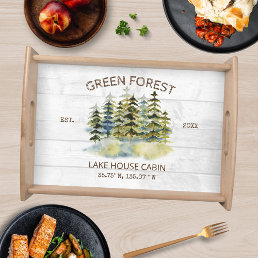 Vintage Foggy Green Forest Watercolor Cabin Lodge Serving Tray