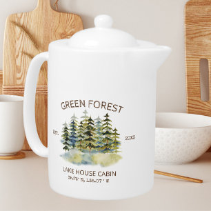 Vintage Foggy Green Forest Watercolor Cabin Lodge Teapot
