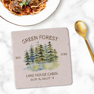 Vintage Foggy Green Forest Watercolor Cabin Lodge Trivet