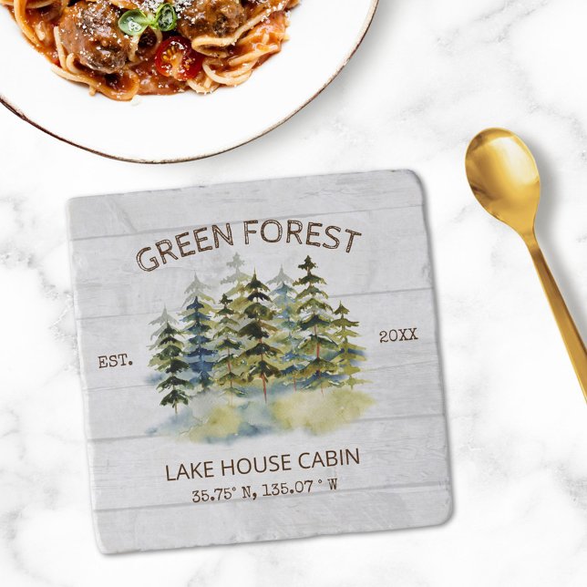 Vintage Foggy Green Forest Watercolor Cabin Lodge Trivet (In situ Dining table)